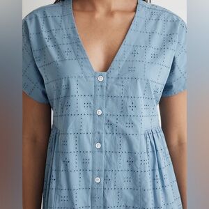 Madewell Button-Front V-Neck Mini Dress Tranquil Lake Blue Eyelet Coastal Small